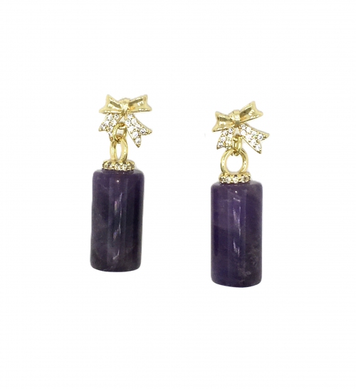 Amethyst Cylinder With Cubic Zirconia Ribbon Dangling Earring