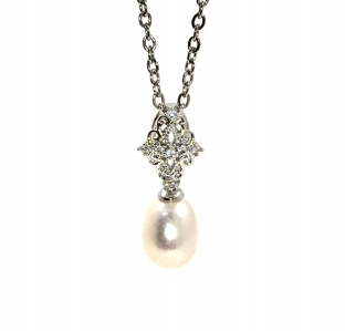  Fresh Water Pearl  Flower Zirconia Alloy Pendant with Stainless Steel Chain