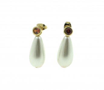 Pearl Shell Drop With Red Cubic Zirconia Dangling Earring