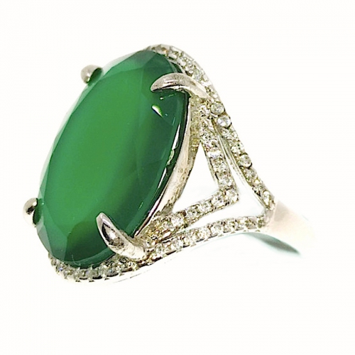 Green Onyx 2 Layer Side V 925 Silver Ring