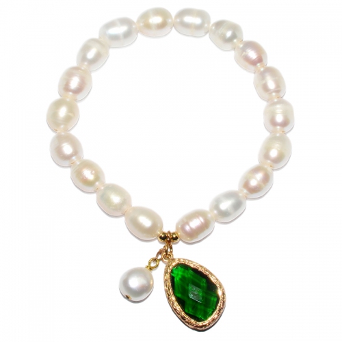 Fresh Water Pearl Green Zircon Dangling Elastic Bracelet