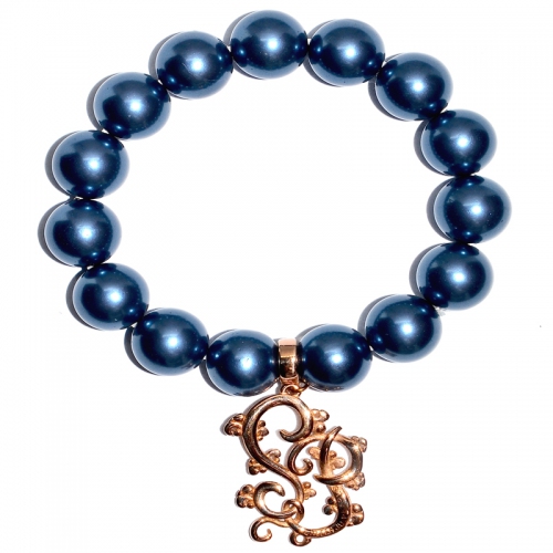 Shell Pearl With Shinju Pearl Emblem Charm Bracelet - Deep Blue