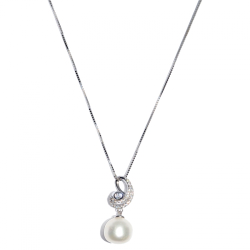 Fresh Water Pearl Cubic Zirconia Wave 925 Silver Pendant With Chain