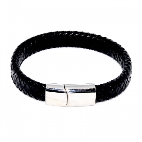 Stainless Steel Buckle Leather Bracelet - Black