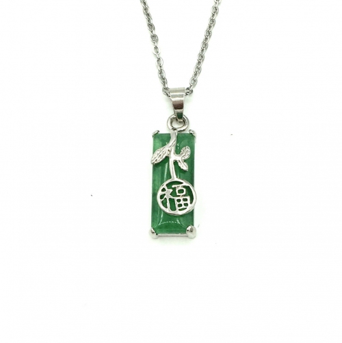 Green Quartz Pendant With Chain - Rectangle with Prosperity