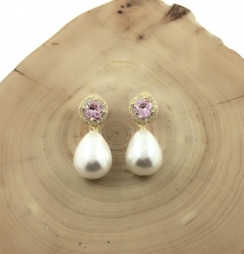  Pearl Shell Drop With Pink Cubic Zirconia Dangling Earring
