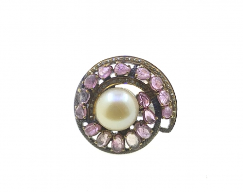South Sea Pearl with Pink Sapphires Cubic Zirconia 925 Sterling Silver Ring with Black Rhodium Plating 