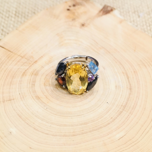 CITRINE OVAL FACETED WITH MULTI GEMSTONE 925 SILVER RING