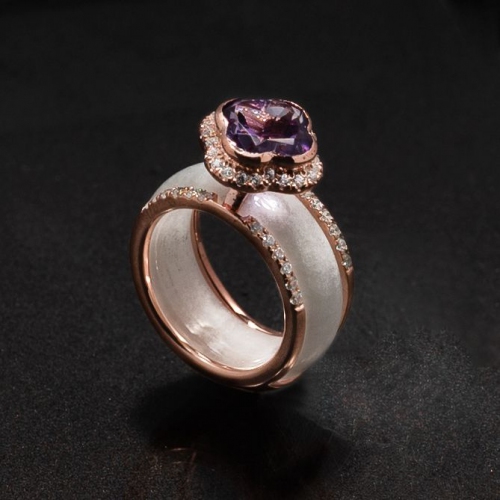 Jade A Grade Amethyst Clover with 925 Ring Jacket with Rose Gold Plating