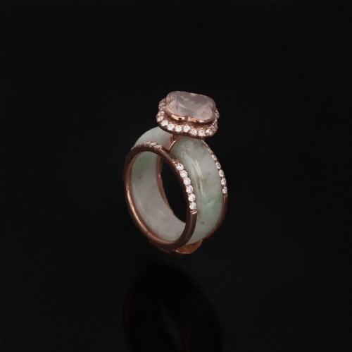 Jade A Grade Rose Quartz Clover with 925 Ring Jacket with Rose Gold Plating