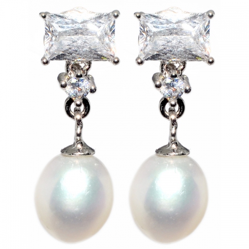 Fresh Water Pearl Rectangle Cubic Zirconia 925 Silver Earring