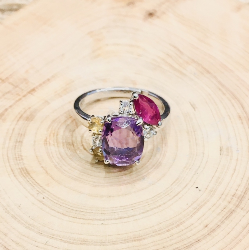 AMETHYST SQUARE FACETED WITH MULTI GEMSTONE 925 SILVER RING