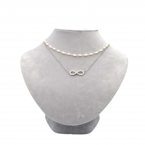 Double Layer Stainless Steel Necklace with Cubic Zirconia Infinity  Connector and Fresh Water Pearl
