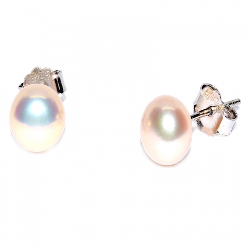 Fresh Water Pearl Button 6-7MM Stud 925 Silver Earring - Pink