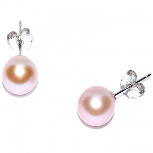 Fresh Water Pearl Round 7-7.5MM Stud 925 Silver Earring - Pink