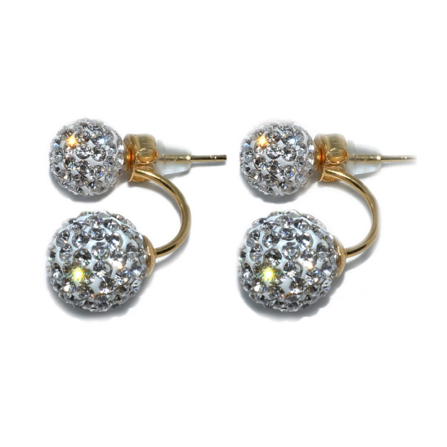 Russian Zirconia Double Droop 925 Silver Earring-Yellow Gold - Earring