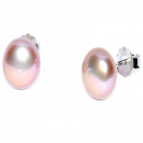 Fresh Water Pearl Button 8-9MM Stud 925 Silver Earring - Pink