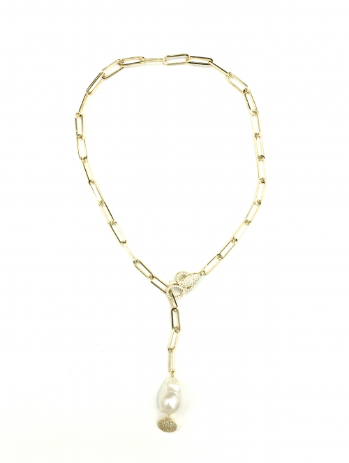 Fresh Water Pearl Baroque Lariat Cubic Zirconia Stainless Steel Necklace