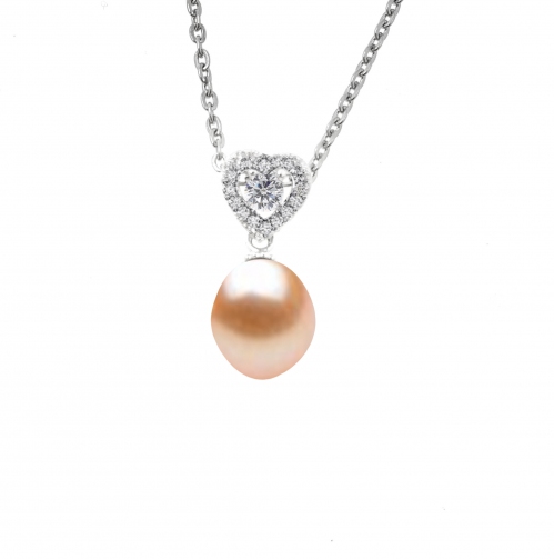 Peach Pearl Full Love Zirconia Pendant with Chain