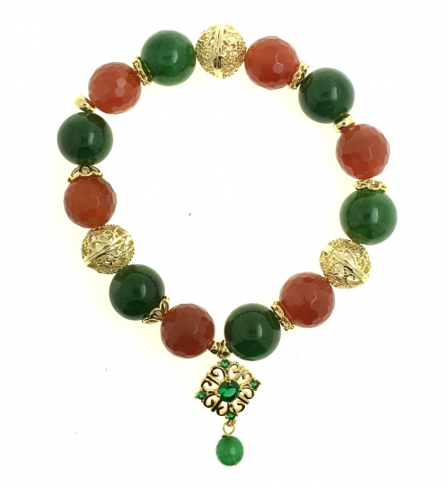 Red Agate & Green Quartz Bracelet with Charm