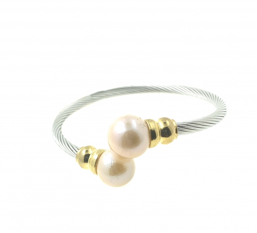 Stainless Steel Fresh Water Pearl Kazumi Silver with Yellow Gold Bangle