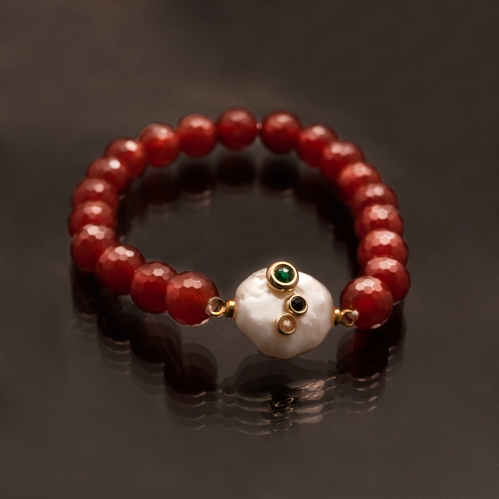 Candy Coin Natural Agate & Fresh Water Pearl Elastic Bracelet
