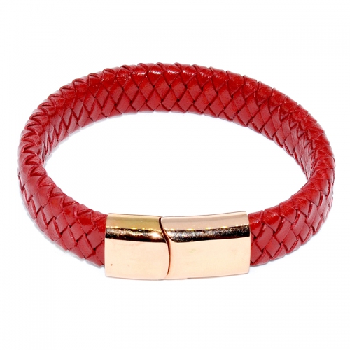 Stainless Steel Buckle Leather Bracelet - Red