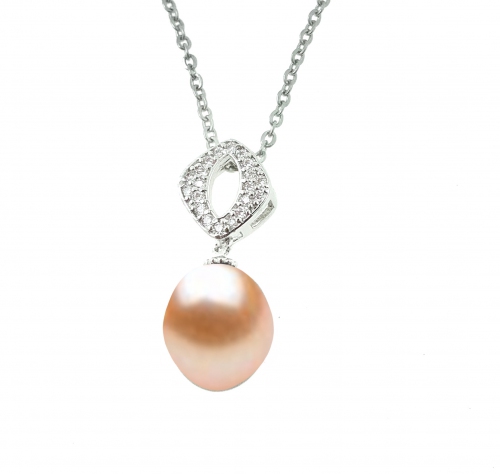 Peach Pearl Diamond Shape Top Zirconia Pendant with Chain