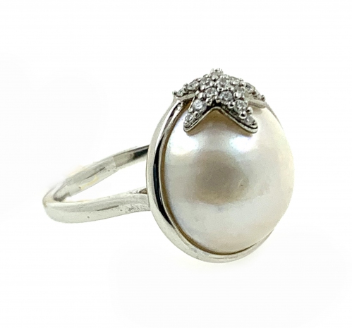 Mabe Pearl Starfish Cubic Zirconia 925 Silver Ring with 18K White Gold Rhodium Plating