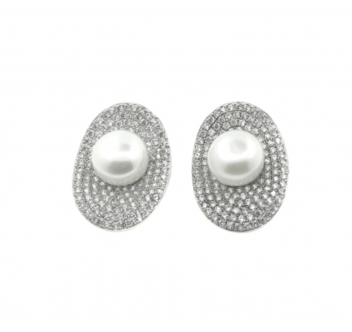 Fresh Water Pearl Oval Pave 925 Silver Earring