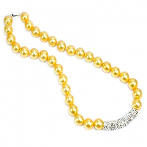 Yellow Gold Shell Pearl Bling Bar Necklace