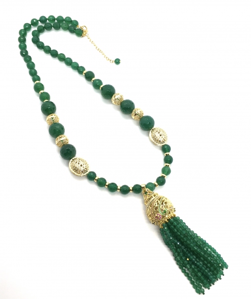 Green Agate Necklace with Green Onyx Tassel
