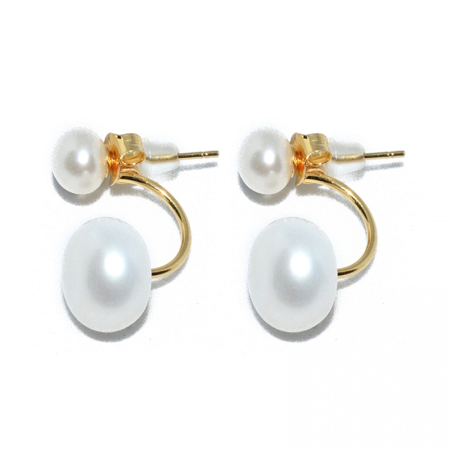 Fresh Water Pearl Double Droop 925 Silver Earring-Yellow Gold
