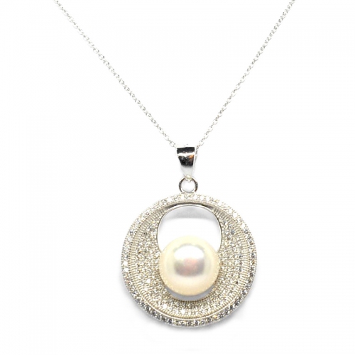 Fresh Water Pearl Orbit Cubic Zirconia 925 Silver Pendant With Chain 
