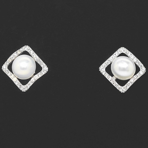 Fresh Water Pearl Square Cubic Zirconia 925 Silver Earring