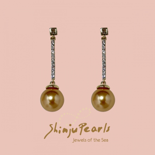 Shell Pearl Golden Brown With Cubic Zirconia Bar Earring