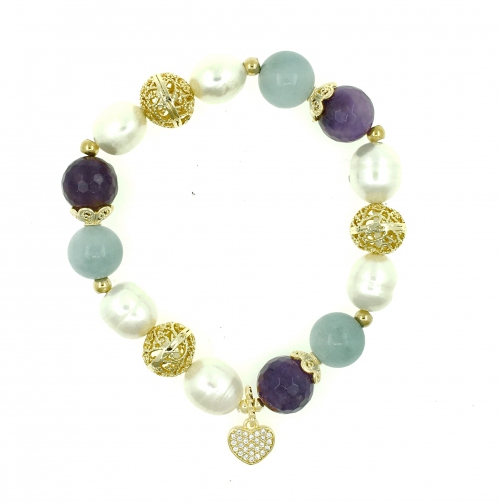 Mixed Stone and Pearl with Love Charm Bracelet
