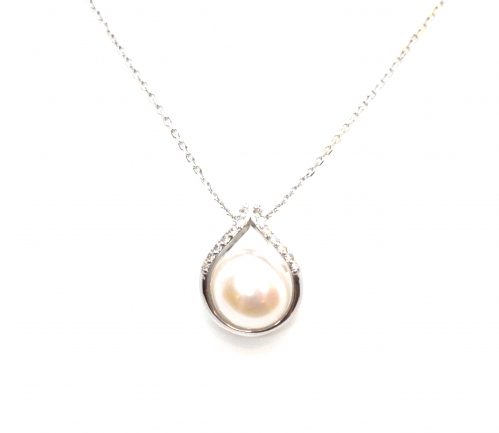 Fresh Water Pearl Teardrop With Zirconia 925 Silver Pendant Necklace 