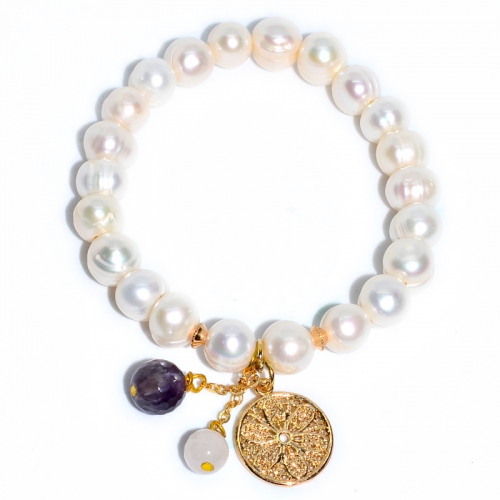 Fresh Water Pearl Coin Mix Stone Dangling Bracelet