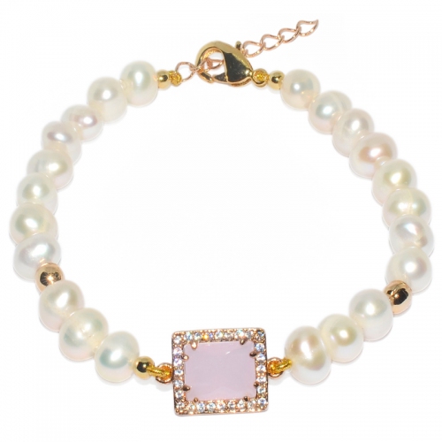Fresh Water Pearl with Pink Cubic Zirconia Connector Bracelet