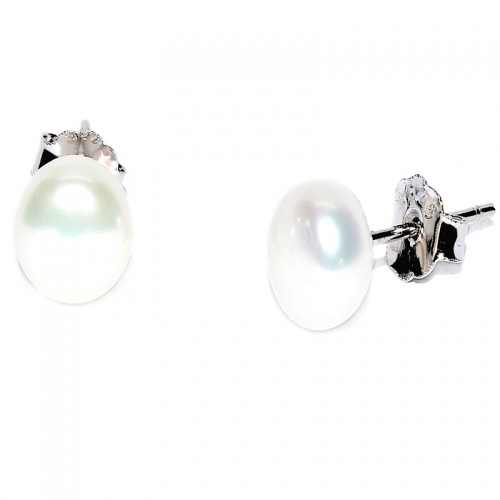 Fresh Water Pearl Button 6-7MM Stud 925 Silver Earring - White 