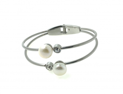 Stainless Steel Fresh Water Pearl White Gold Bangle