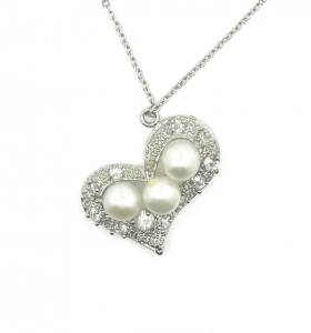 Triple Fresh Water Pearl Heart Zirconia Alloy Pendant with Chain