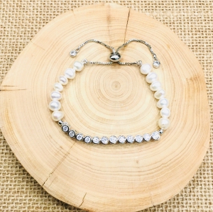 Fresh Water Pearl With Cubic Tennis Adjustable 925 Bracelet