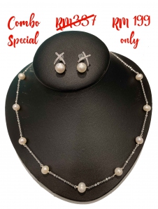 Fresh Water Pearl Stainless Steel Links Necklace & Cross Cubic Zirconia Earring Set