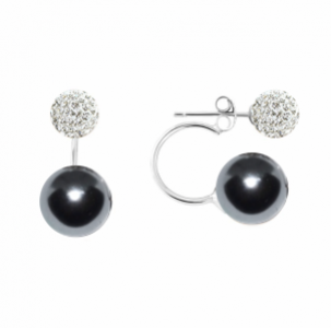 Russian Zirconia & Shell Pearl Droop Large 925 Silver Earring-Black 