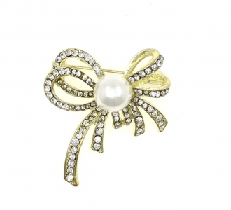  Faux Pearl With Cubic Zircon Ribbon Brooch