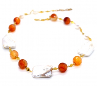 Fresh Water Pearl Flat Square Baroque Carnelian Link Necklace