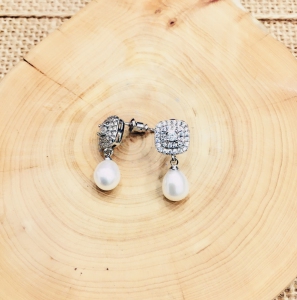 Fresh Water Pearl Rice Cubic Pave Square Dangling Earring