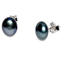 Fresh Water Pearl Button 8-9MM Stud 925 Silver Earring - Black 